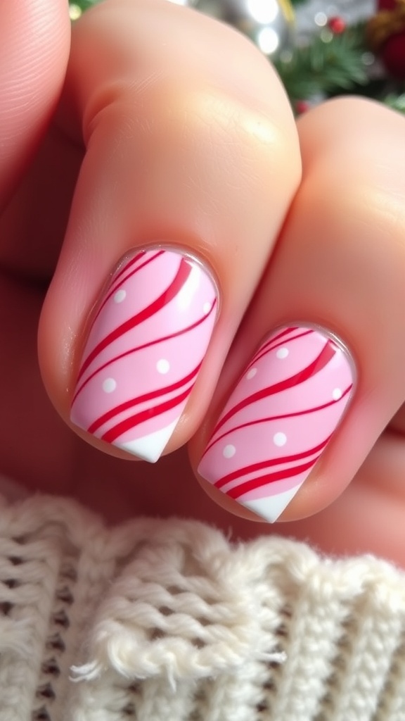 Close-up of baby pink Christmas nails with candy cane stripes in red and white.